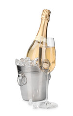 Champagne and bucket with ice isolated on white