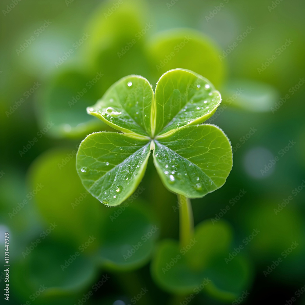 Poster A four-leaf clover with water droplets on it is the main focus of the image. The background consists of a blurred green plant.