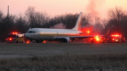 Plane crash incident in field emergency response smoke and fire late evening