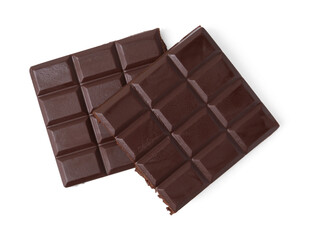 Pieces of delicious dark chocolate bar isolated on white, top view