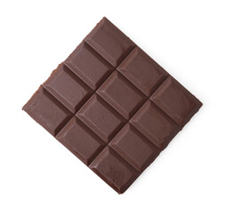 Piece of delicious dark chocolate bar isolated on white, top view