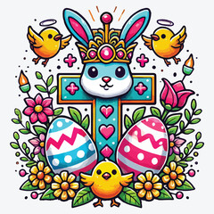 Obraz premium Cross egg crown rabbit Easter flower chick stock illustration
