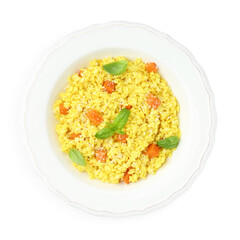 Delicious pumpkin risotto in bowl isolated on white, top view