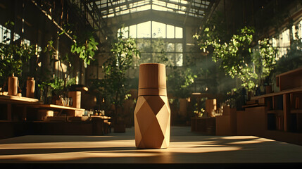 Eco-friendly geometric cardboard bottle in workshop.