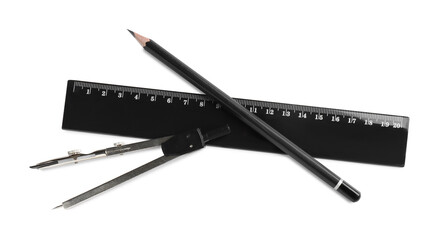 Ruler, pencil and compass isolated on white, top view