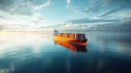 Container Ship in Calm Waters Under Cloudy Sky