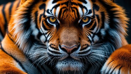 Obraz premium Close-up of a majestic tiger showcasing its vibrant fur and fierce gaze.