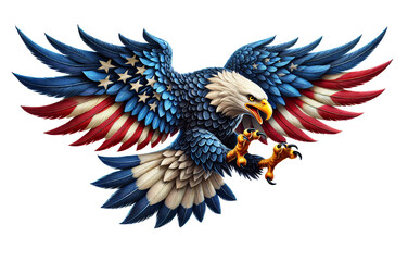 American Bald Eagle with Red White and Blue Feathers on White Background