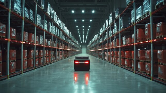 Automated Robot in Warehouse Aisle with Shelves
