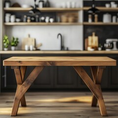 Empty wooden desk on blurred kitchen for product presentation
