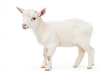 Fototapeta premium A baby goat stands in front of a white background. The goat is looking at the camera with a curious expression