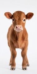 A baby cow is standing in front of a white background. The cow is looking at the camera with a curious expression