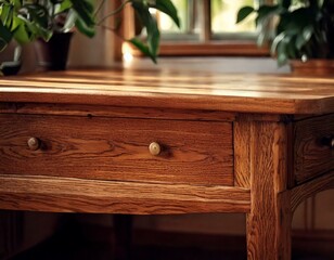 Un gros plan d'une table ou &eacute;tag&egrave;re en bois vintage dans un d&eacute;cor int&eacute;rieur vide transmet une sensation de nostalgie et de simplicit&eacute;. Generated image