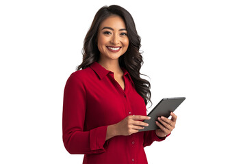 Confident woman in a red blouse holding a tablet and phone, smiling, with a white transparent background.