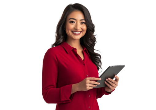 Confident woman in a red blouse holding a tablet and phone, smiling, with a white transparent background.