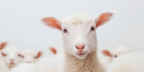 Fototapeta premium A white sheep is looking at the camera with its ears up. The sheep is surrounded by other sheep, all of which are white. Concept of innocence and curiosity, as the sheep looks directly at the camera