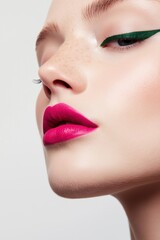 Fototapeta premium A woman with green eyeliner and pink lipstick. The makeup is bold and striking, emphasizing her features and giving her a confident, glamorous look