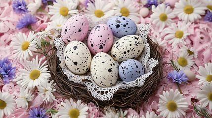 Obraz premium A colorful basket filled with Easter eggs and flowers, featuring a nest with eggs, symbolizing the spring season and holiday celebration