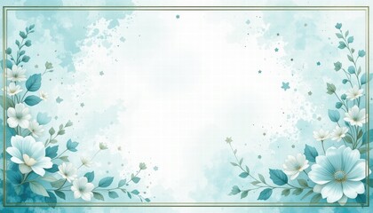Elegant blue floral frame with white blooms on a gentle watercolor background.