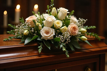 Obraz premium urn of the deceased with flowers at a somber memorial ceremony close-up