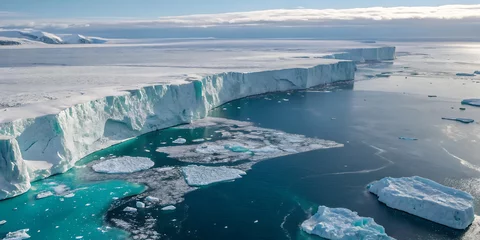 Selbstklebende Fototapeten Dramatic aerial view of glacier melting into ocean highlighting climate change impact. © ZhumaStudio