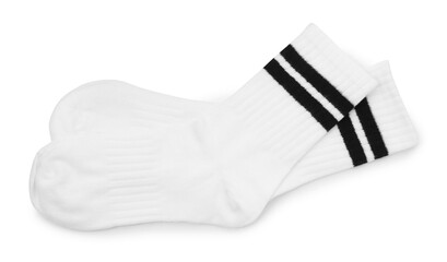 Pair of soft socks isolated on white, top view