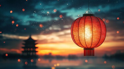 Obraz premium Red Lantern Against Scenic Sunset Background