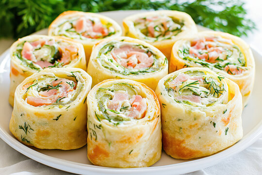 Delicious pinwheels with salmon, cream cheese, cucumber and fresh dill filling appetizer