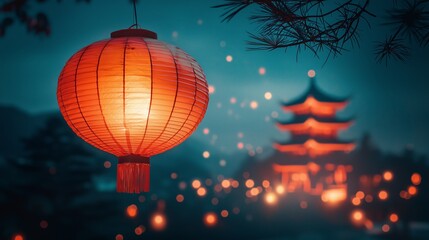 Obraz premium Glowing Lantern in Tranquil Night Landscape Scene