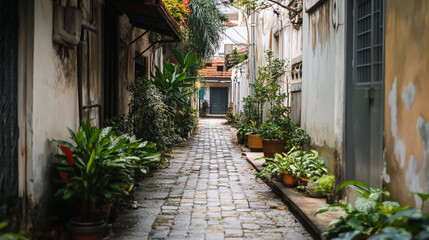 Fototapeta premium A tranquil stone pathway lined with lush green plants