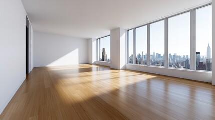 Obraz premium Empty room with hardwood floors and large windows offering a stunning city view. Sunlight streams in, creating a bright and airy atmosphere.
