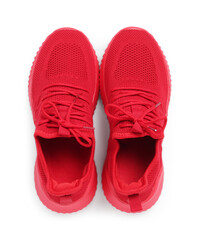 Pair of stylish red sneakers isolated on white, top view
