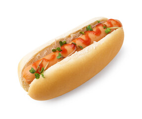 Tasty hot dog with ketchup and microgreens isolated on white