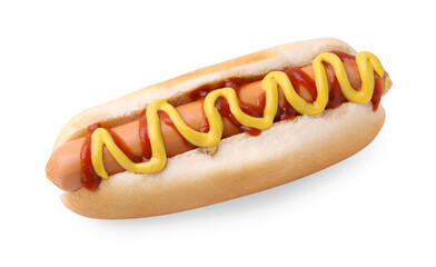 Tasty hot dog with ketchup and mustard isolated on white