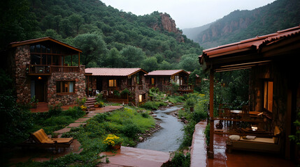Mountain resort cabins by a stream on a rainy day.