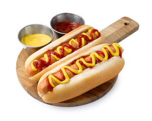 Tasty hot dogs with ketchup and mustard isolated on white