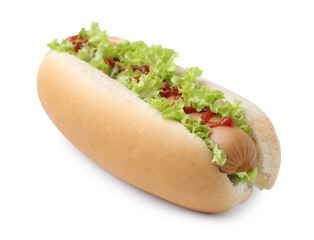 Tasty hot dog with lettuce and ketchup isolated on white