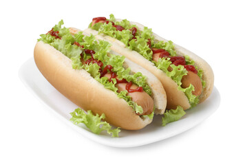 Tasty hot dogs with lettuce and ketchup isolated on white
