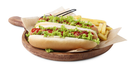 Tasty hot dogs with lettuce, ketchup and potato fries isolated on white