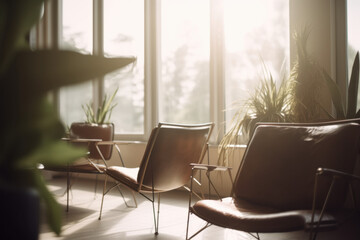 Modern interior design with stylish chairs and greenery