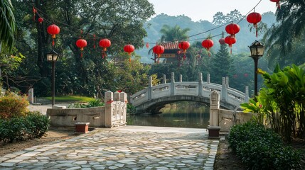 Tranquil Garden Pathway with Lanterns and Bridge
