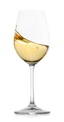 Tasty wine splashing in glass on white background