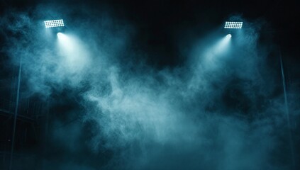 Two spotlights illuminate a smoky, dark room, creating a dramatic and mysterious atmosphere. The teal and blue hues add to the scene's intrigue.