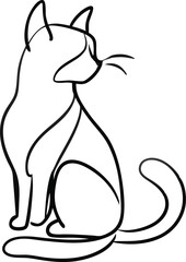 One line drawing. Cat sitting with curled tail