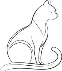 One line drawing. Cat sitting with curled tail
