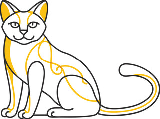 One line drawing. Cat sitting with curled tail