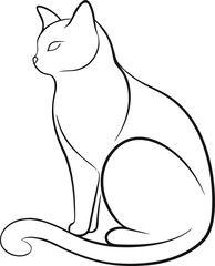One line drawing. Cat sitting with curled tail