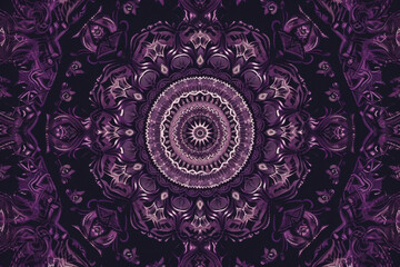 Abstract symmetrical mandala design with intricate purple and golden motifs