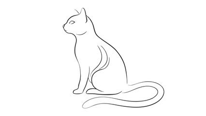 One line drawing. Cat sitting with curled tail