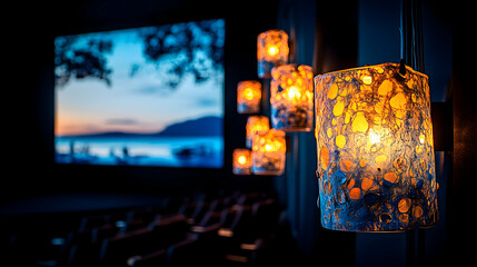 Illuminated lanterns in a dark movie theater with a sunset scene projected on the screen.